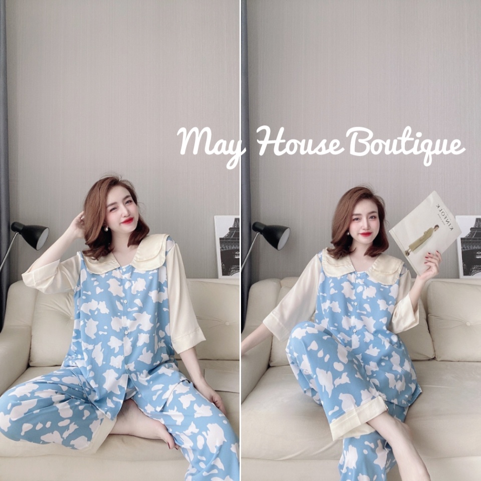 [Bigsize 50-100kg] Bộ Dài Tay Lỡ Lụa Nhật Phối Satin Cao Cấp Cổ Hai Lá Cho Nàng Múp