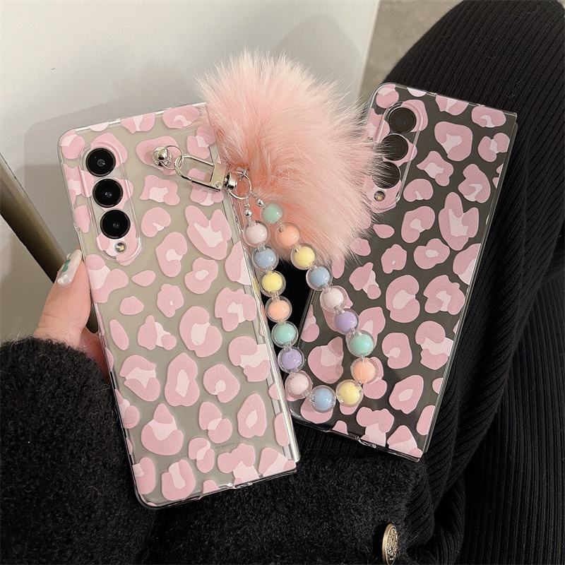 Bao Da Điện Thoại Cứng Hình Báo Hồng Đính Quả Bông Cho samsung galaxy z fold 3 fold3 Ốp