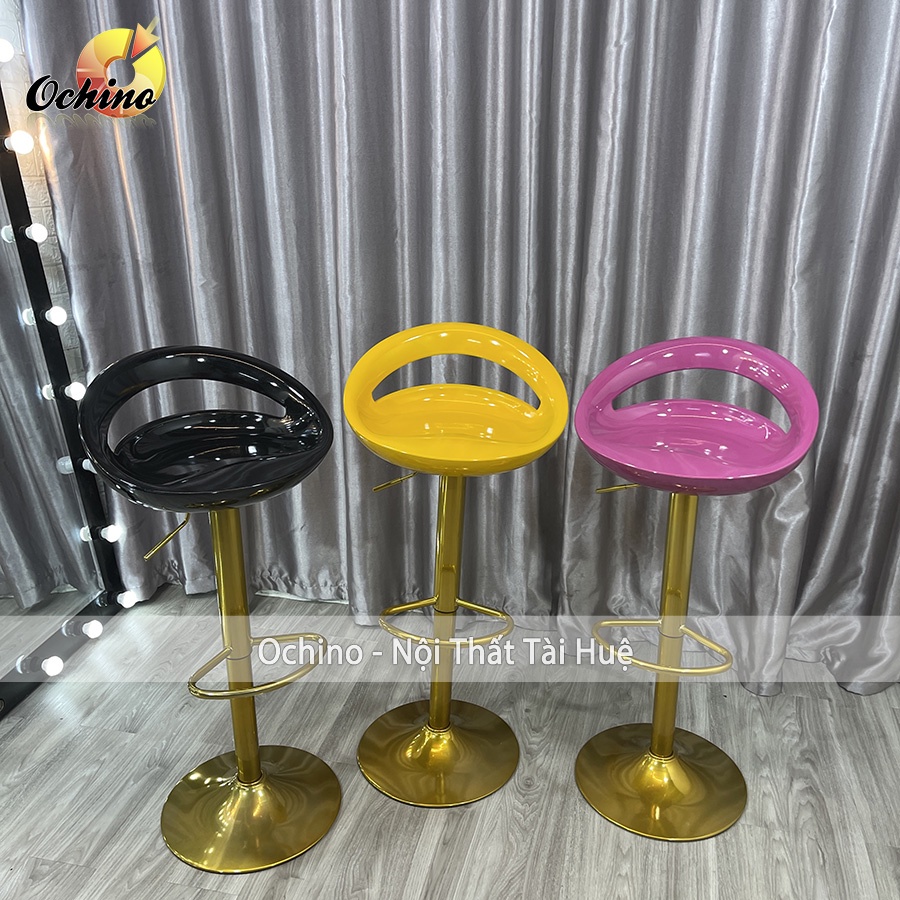 Ghế Quầy Lễ Tân, Ghế Quầy Bar Mẫu NHỰA KHOÉT LỖ Chân Vàng K1 Tĩnh Điện Điều Chỉnh Độ Cao 60/80 Phong Cách Hi