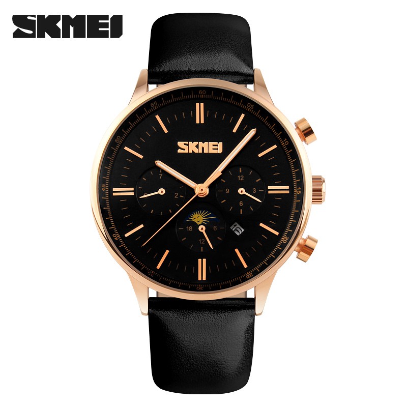Đồng hồ nam SKMEI mặt tròn 41mm dây da cao cấp chạy 6 kim kính chống xước chống nước tuyệt đối 9117