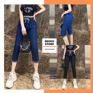 Quần jean nữ cạp chun dáng lửng ngố và lỡ, quần bò nữ beeka store mẫu mới 2021