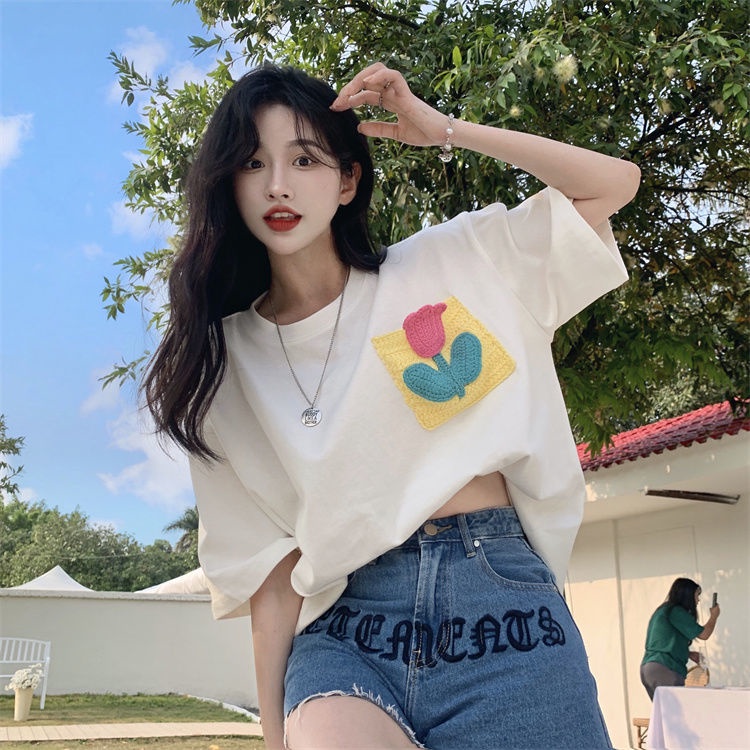 Áo Thun Nữ Ngắn Tay Có Túi In Hoa Mới