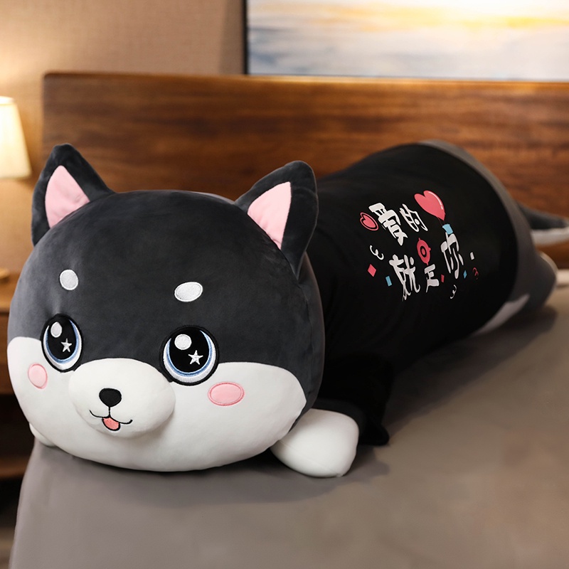 AIXINI ❤80cm/100/120cm Funny Dressed Husky Stuffed Doll Black Clothes Soft Husky Lying Plush Toy Black Dog Animals Kids Birthday Gift
