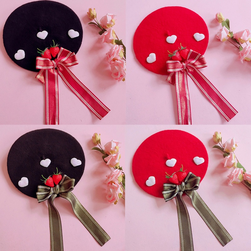 Mũ Beret Họa Tiết Dâu Tây Thắt Nơ Xinh Xắn Thời Trang