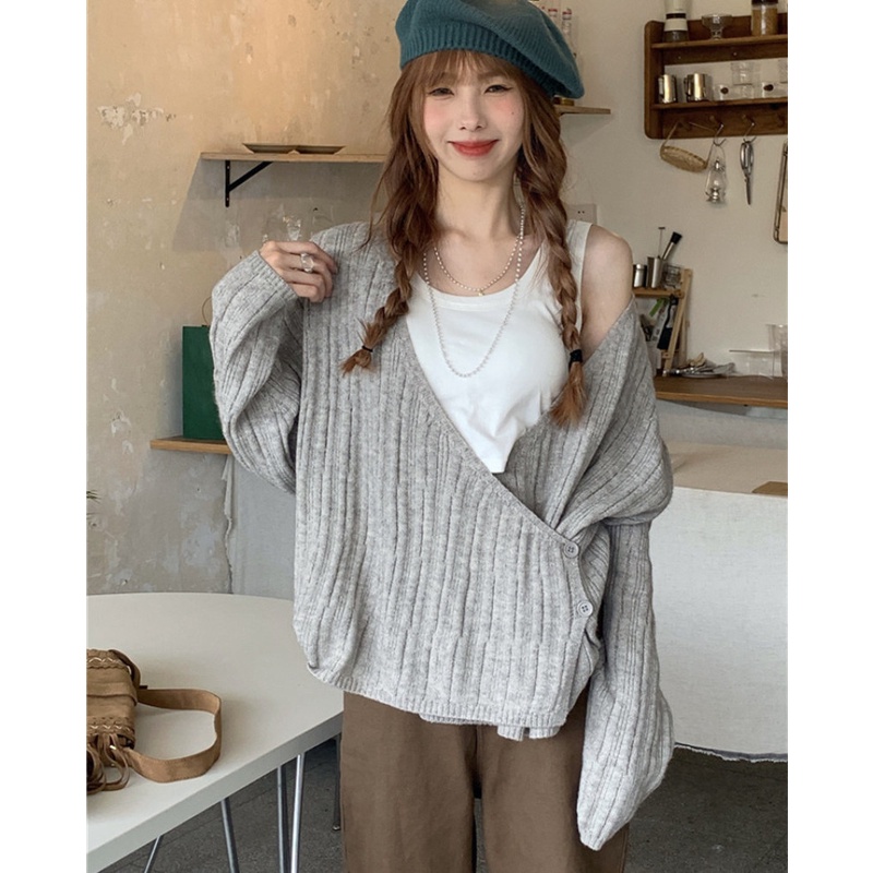 Áo Khoác Cardigan Dệt Kim Tay Dài Dáng Rộng Cổ Chữ V Thời Trang