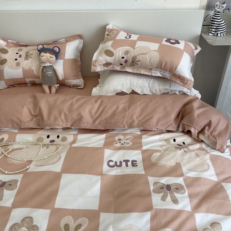 Bộ chăn ga gối cotton poly - Mẫu thỏ cam.