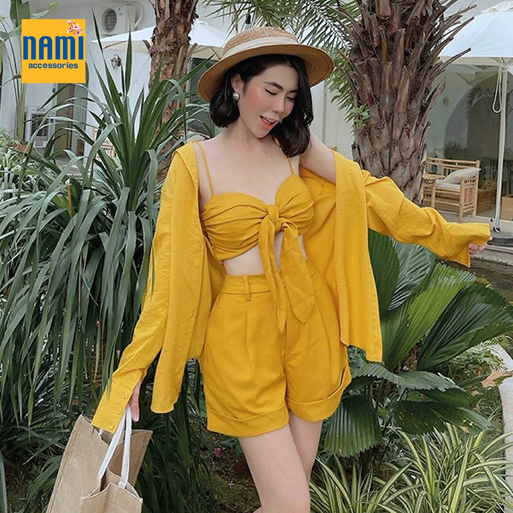 ( HÀNG CHUẨN ĐẸP ) Combo 3 Món Set Áo Sơ Mi Form Rộng Kèm Bra Croptop Nơ Ngực Và Quần Short Gợi Cảm Xinh Xắn - ATNU019