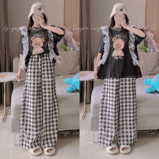 Sét áo thun gấu bèo sọc kèm quần kẻ suông thl28