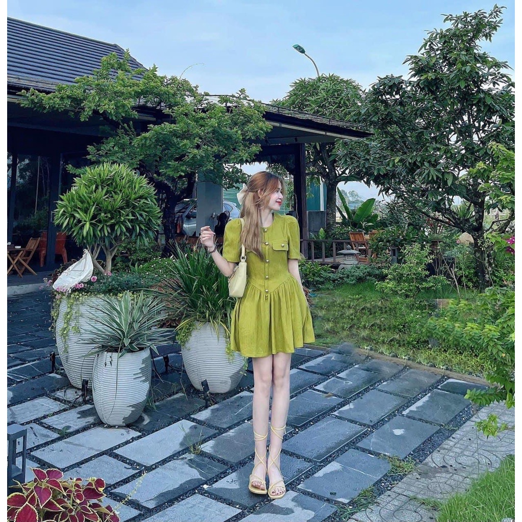 Váy li cúc nhún eo e về màu xanh cốm cúc đồng kẻm ảnh thật trải sàn