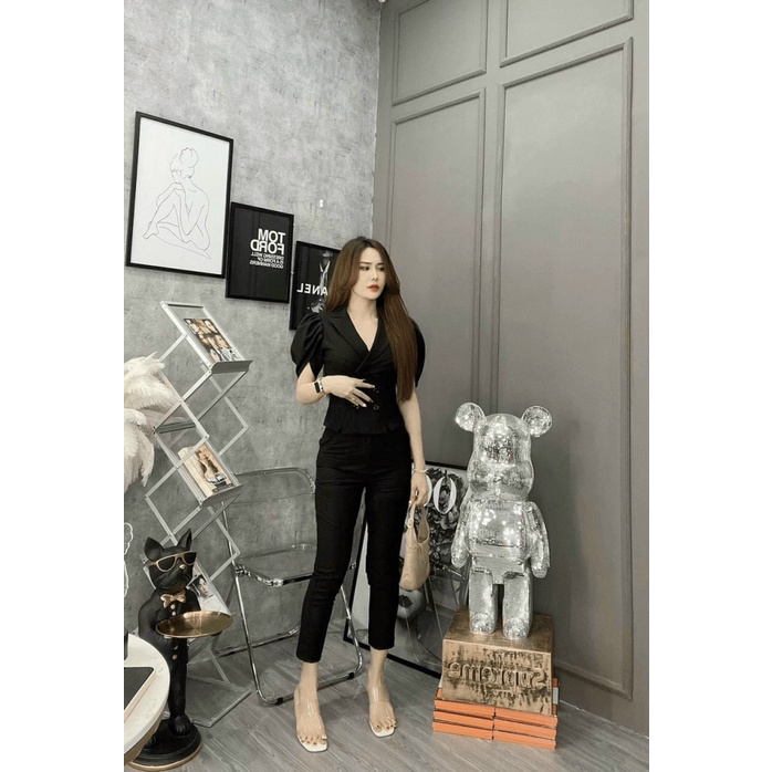 (HÀNG MỚI) Set vest thời trang tay bồng cách điệu 2 hàng nút thanh lịch cực đẹp