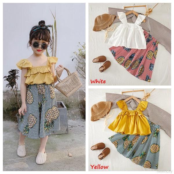 Set áo 2 dây + chân váy xòe in hình quả dứa đáng yêu cho bé gái
