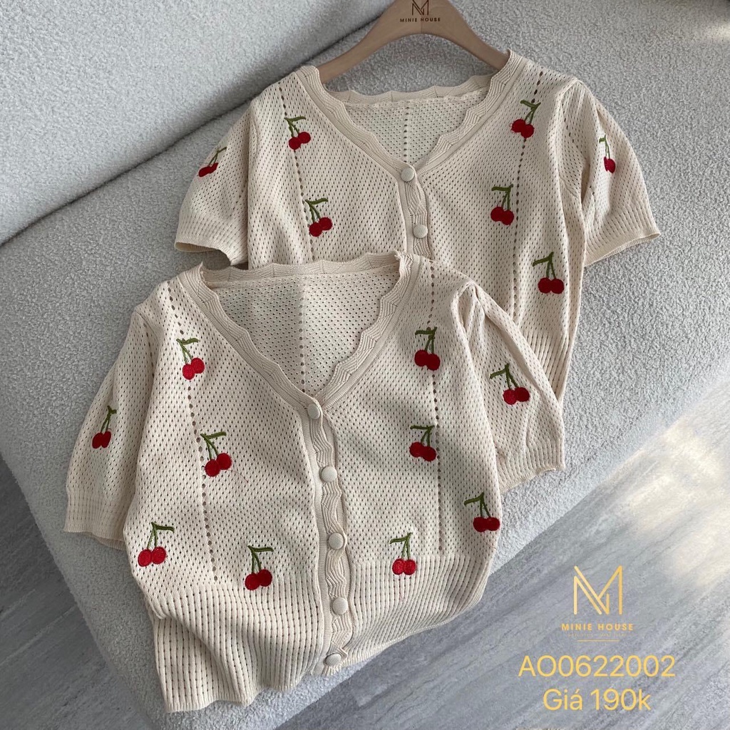 ÁO LEN NỮ TAY NGẮN LƯỢN SÓNG THÊU QUẢ CHERRY CỰC NỮ TÍNH - CHẤT VẢI MÁT MẺ
