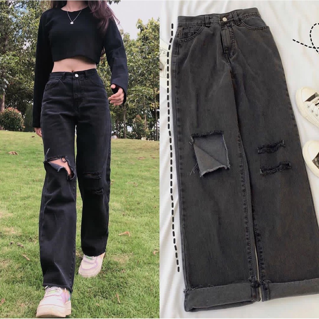 Quần Baggy Jeans NQ30 Cạp Cao Ống Rộng Rách Gối COL Nữ Màu Đen Ullzang | BigBuy360 - bigbuy360.vn