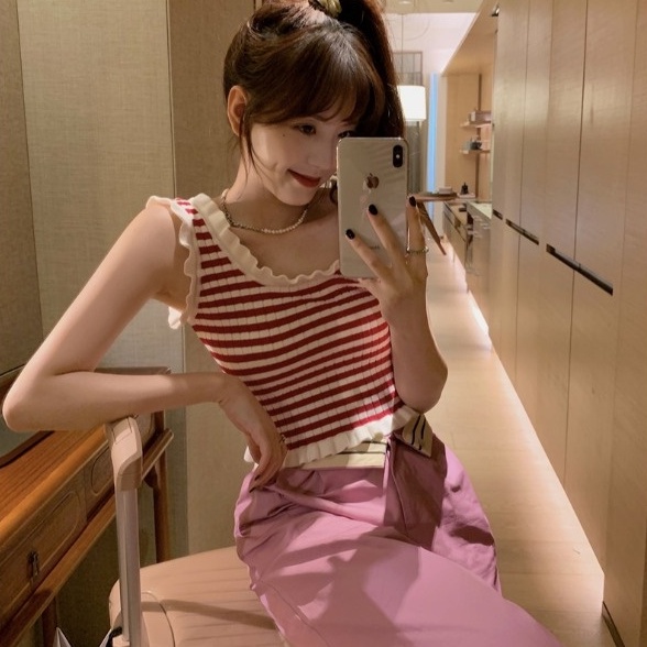 【ZHELIHANGFEI】 Áo Dệt Kim Hai Dây Dáng Ngắn Họa Tiết Kẻ Sọc