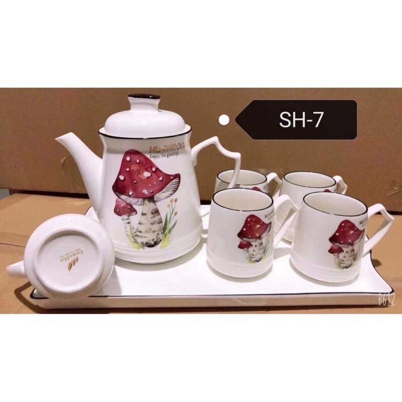 Bộ bình ly uống trà kèm khay bằng sứ cao cấp nguyên hộp làm quà tặng sang trọng