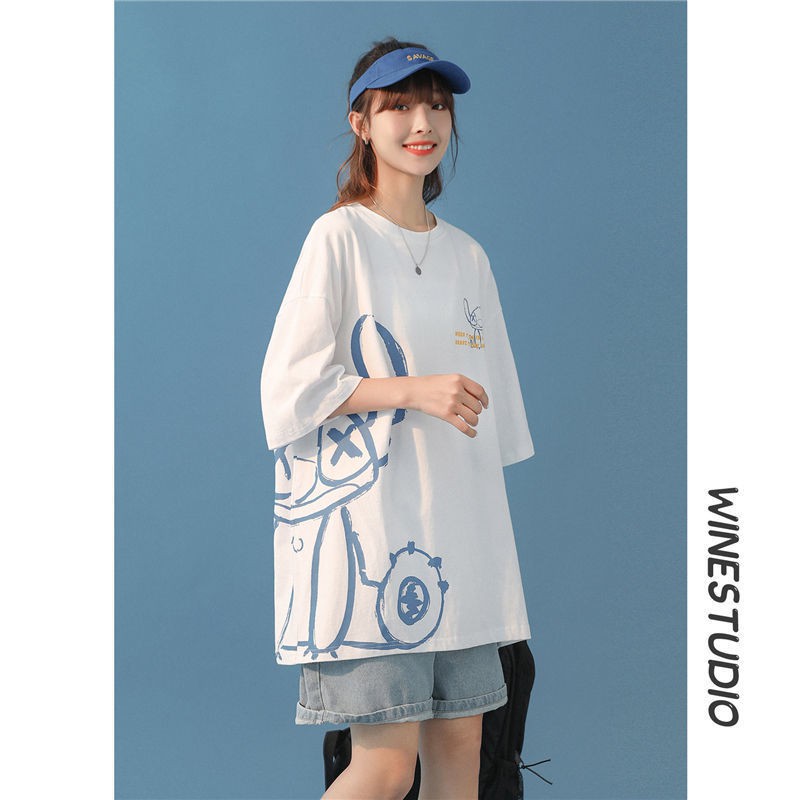 Áo thun ngắn tay dáng rộng in họa tiết hoạt hình xinh xắn theo phong cách nhật bản