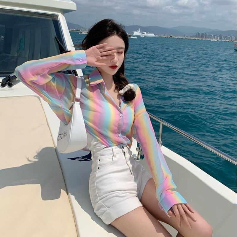 Áo Sơ Mi Ngắn Kẻ Sọc Màu Sắc Thời Trang Mùa Hè Hàn Quốc Cho Nữ