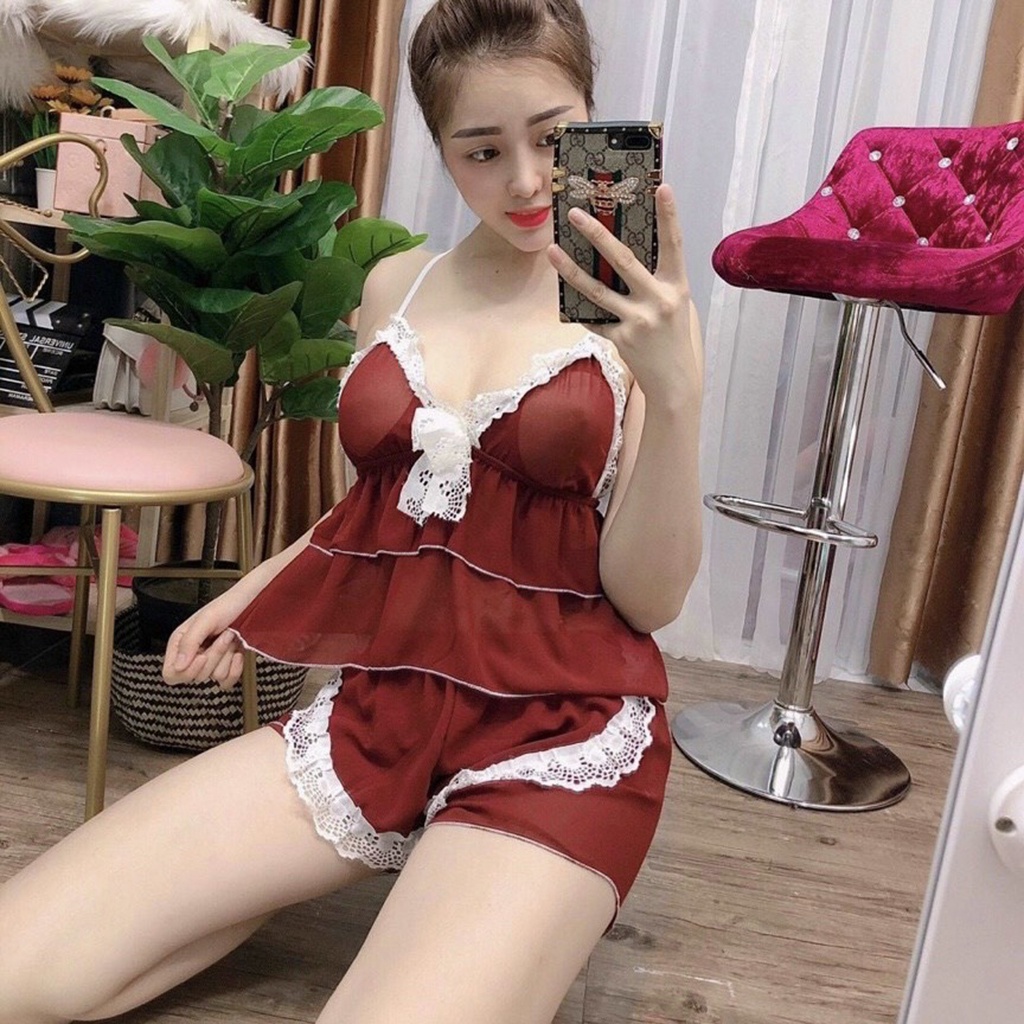 Đồ ngủ 2 dây⭐️ FREE SHIP ⭐️ Đồ ngủ gợi cảm hai dây, áo xếp ly 2 tầng, MV11
