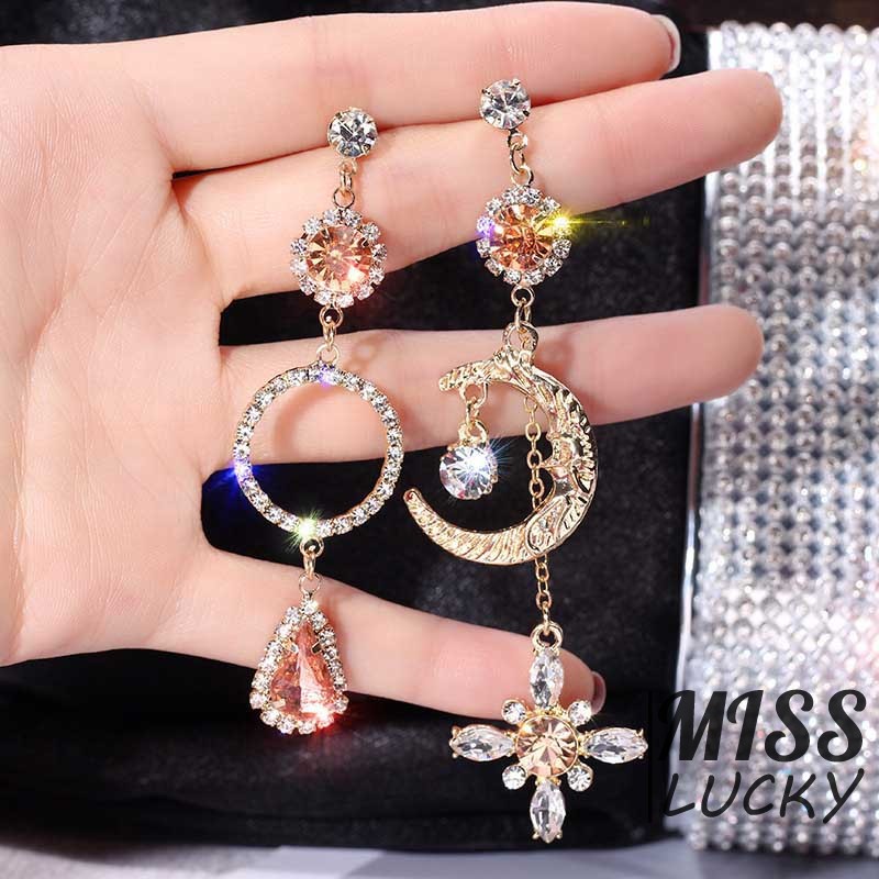 ❤HHN-VN  Asymmetric European and American-Style Fashion Moon Diamond Set Earrings Debutante Elegant