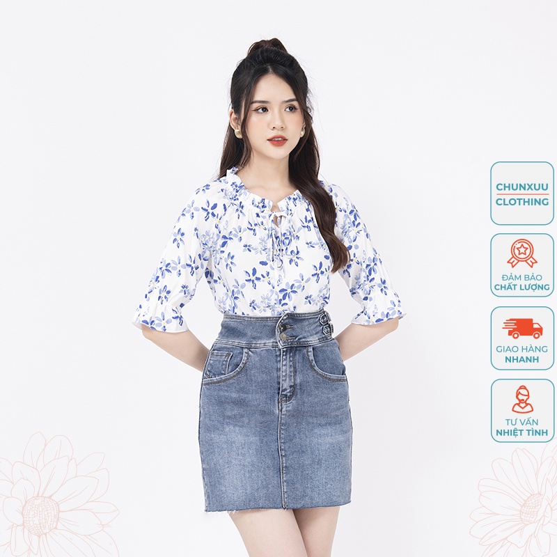 Áo sơ mi nữ công sở tay lỡ Chunxuu thiết kế cổ bèo phối hoa nhí chất Tơ mịn mát chống nhăn - XU15