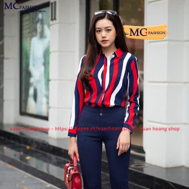 Áo Sơ Mi Nữ Công Sở Kiểu Kẻ Sọc Tay Dài, Lỡ Mc Fashion Trắng, Đỏ, Xanh Tím Than Đẹp, Size Đủ, Chất Vải Mát A610 A611 KRE