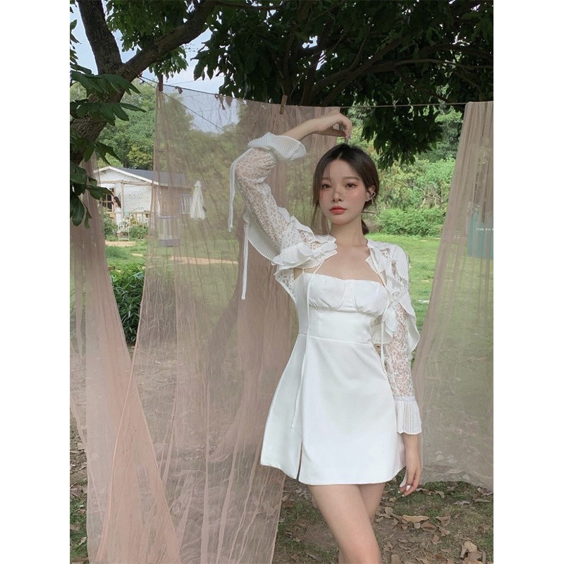 [Có ảnh thật] Set áo khoác ren tay dài+đầm 2 dây gợi cảm phong cách ulzzang SAM SAM BOUTIQUE | BigBuy360 - bigbuy360.vn