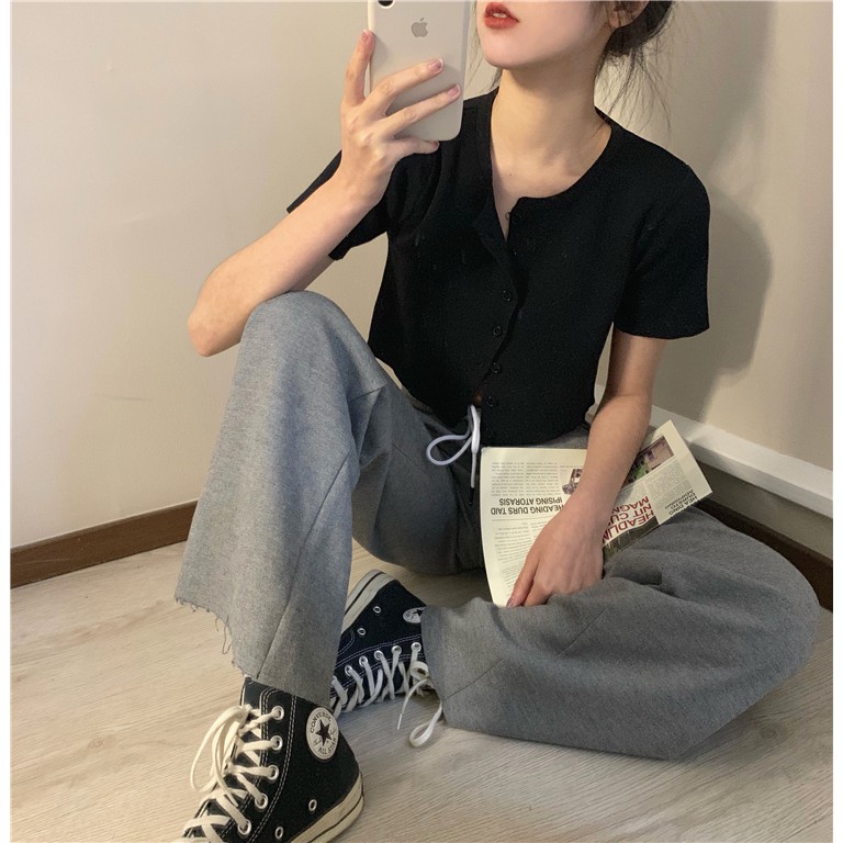 「HOME5」 Áo len croptop AimeiBeauty tay ngắn trẻ trung