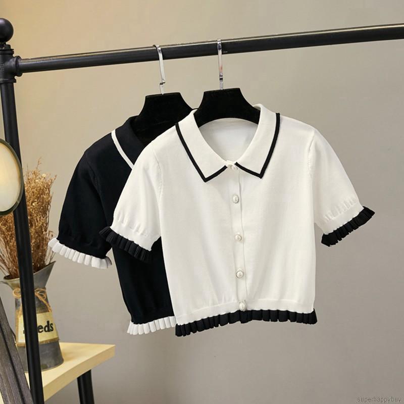 Áo thun tay ngắn có cổ bèo ngọt ngào thời trang cho nữ