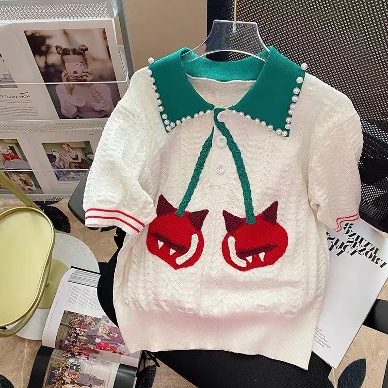 Áo thun ZHELIHANGFEI polo dệt kim thêu họa tiết ác quỷ / cherry phối màu sắc ngọc trai xinh xắn