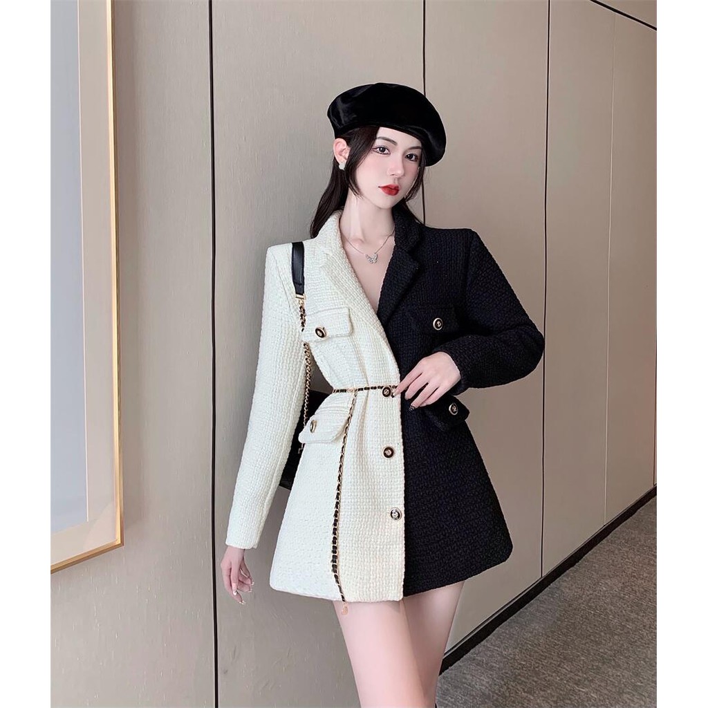 Áo khoác dạ tweed phối màu đen trắng kèm đai lưng sang chảnh