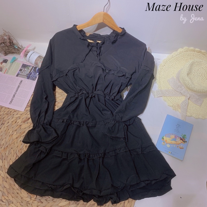 Váy viền tầng 💖 Hot Trend 💖 Đầm bánh bèo viền tầng 2 màu Đen, Trắng chất liệu đũi mềm phong cách Hàn Quốc - Maze House | BigBuy360 - bigbuy360.vn