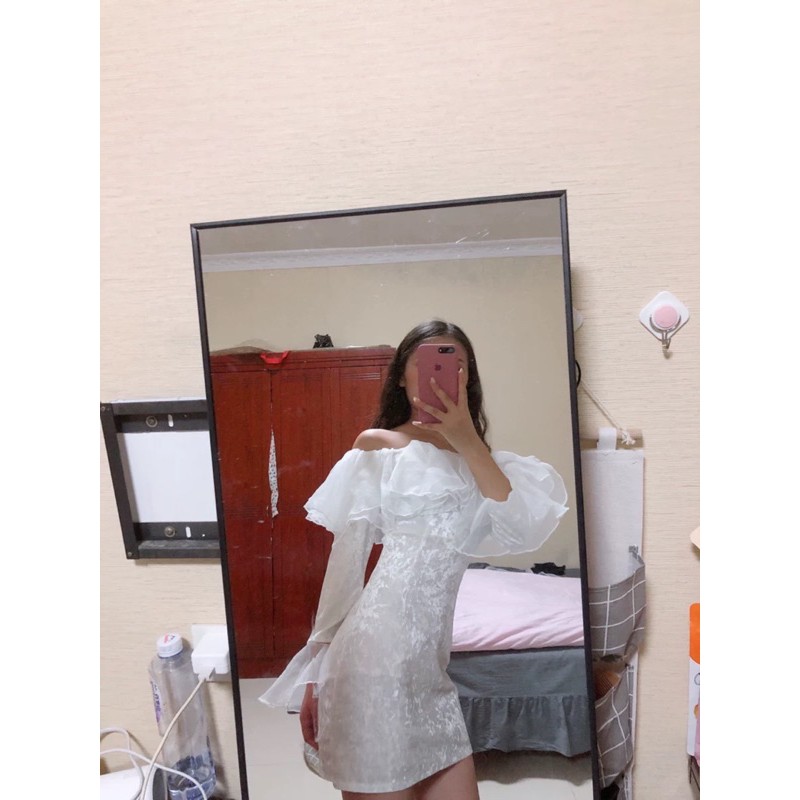 ♥️Đầm,Váy Nhung Trắng Bèo NgựcFzszie dưới 55kg