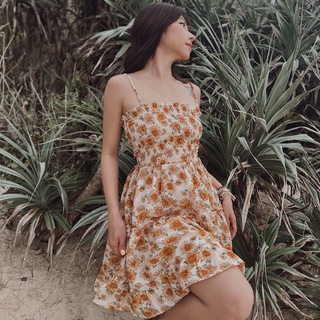 KIOBI - Đầm Siena 2 dây form mini, nhún thun ngực, tùng xòe lai bèo, vải cotton lụa in hoa hướng dương - KID21111HHD