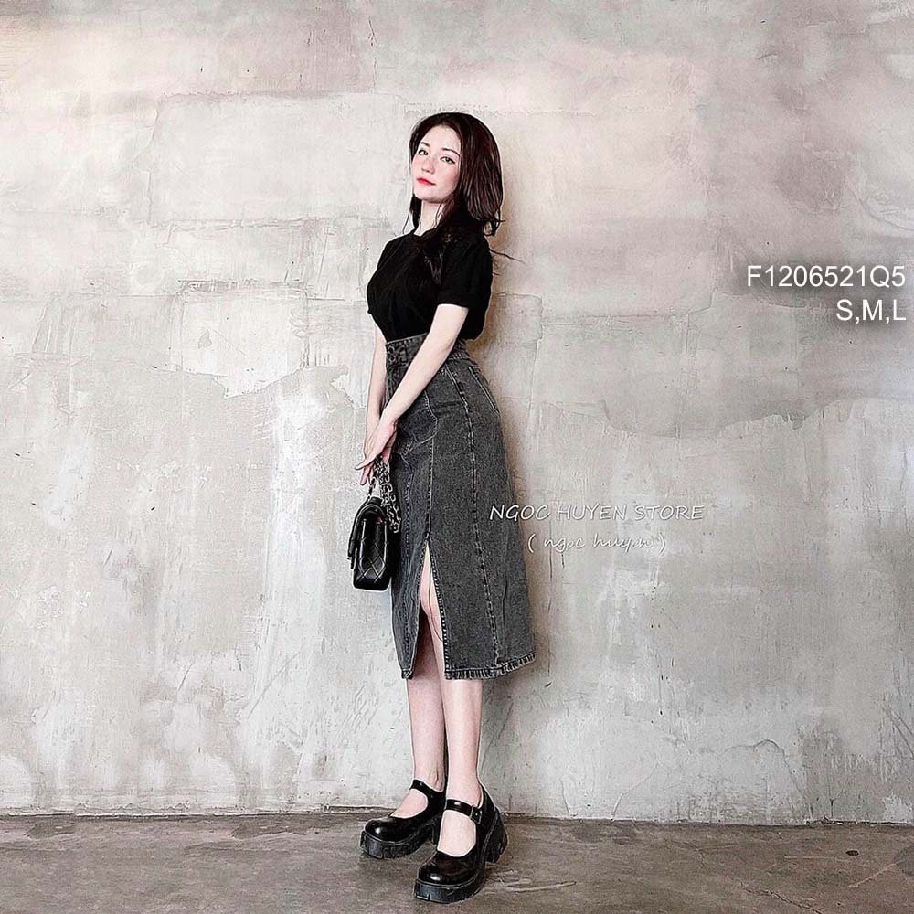 Chân váy jean xẻ tà trước dáng dài lưng cao! HÀNG VNXK