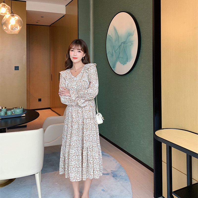 Đầm Maxi Chiffon cổ chữ V in hoa thời trang mùa thu thanh lịch