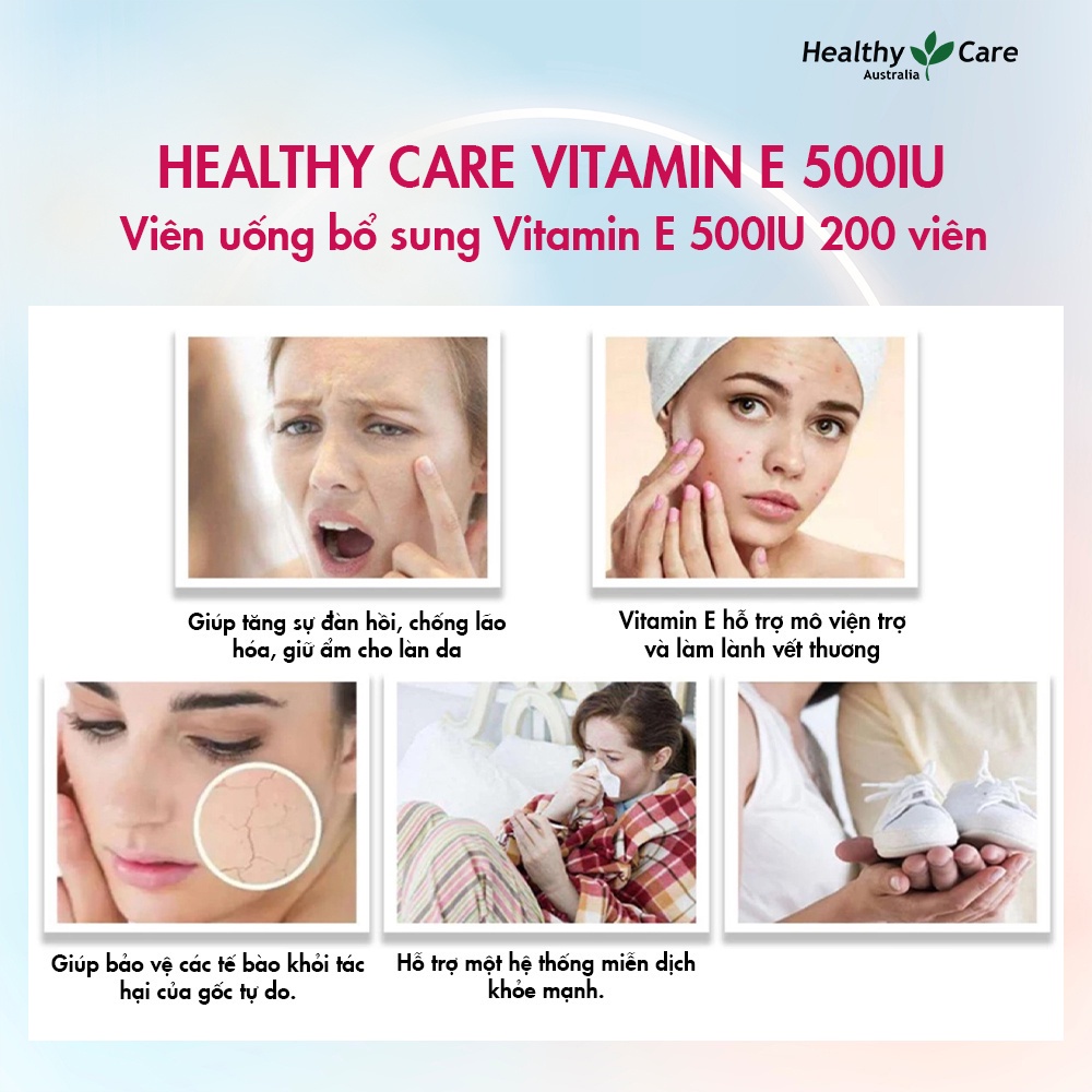 Vitamin E Đỏ Healthy Care Viên Uống Trắng Da Mờ Nám 500IU 200 viên