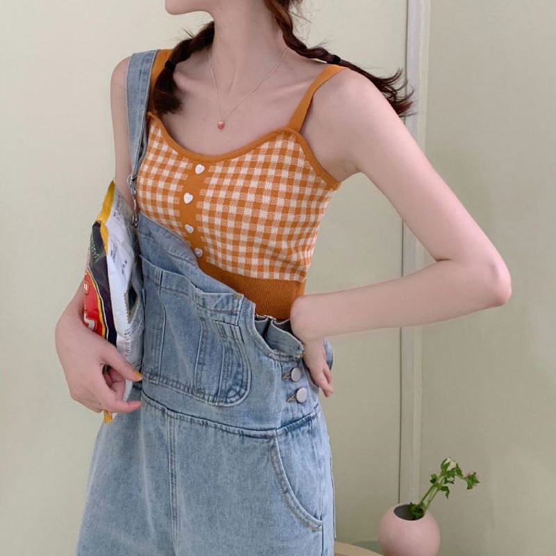 Ivy Áo Sweater Dệt Kim Hai Dây Màu Sắc Tương Phản Họa Tiết Kẻ Sọc Phối Nút Phía Trước Phong Cách Pháp Thời Trang