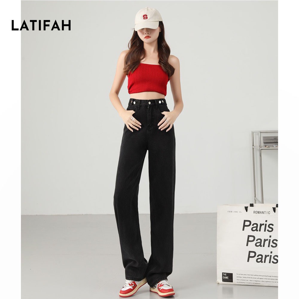 Quần baggy jean nữ LATIFAH ống rộng dài 98cm gài cúc eo màu đen QD042