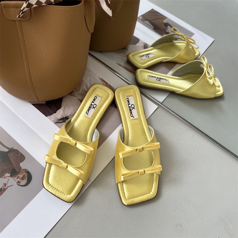 2023 Dép Lê Nữ Đế Bằng Mũi Vuông Thắt Nơ Xinh Xắn Thời Trang