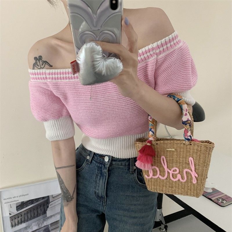 Áo Thun Dệt Kim Mỏng Ôm Dáng Trễ Vai Ngắn Tay Họa Tiết Kẻ Sọc Thời Trang Mùa Hè Retro Cho Nữ