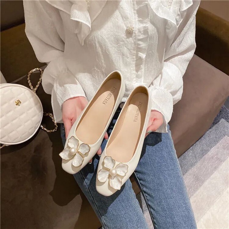 Giày Búp Bê Mũi Nhọn Đế Mềm Đính Ngọc Trai Giả Xinh Xắn Cho Nữ Size 33-44