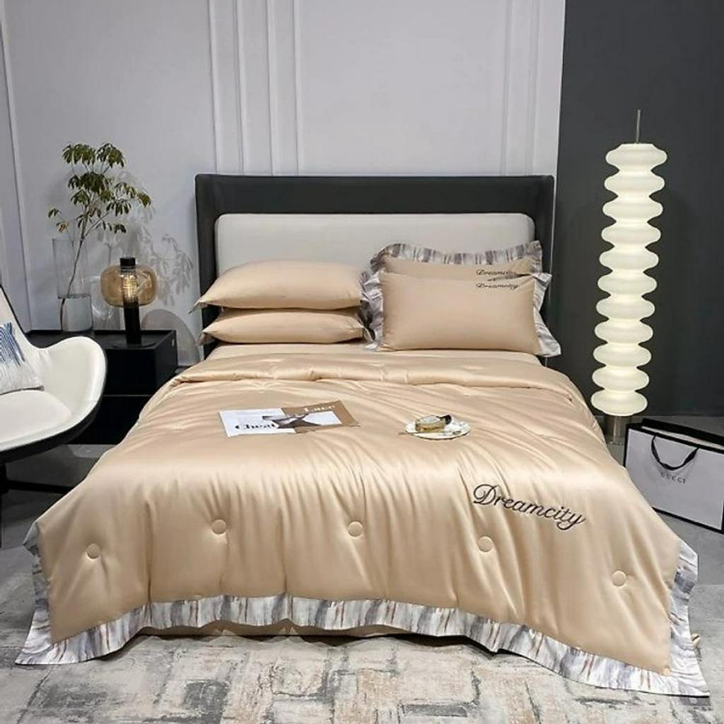 Bộ chăn ga gối Lụa dreamcity chăn trần bông, bộ ga giường lụa cao cấp 4 món phủ / chun, 1m 1m2 1m4 1m5 1m6 1m8 2mx2m 2m2