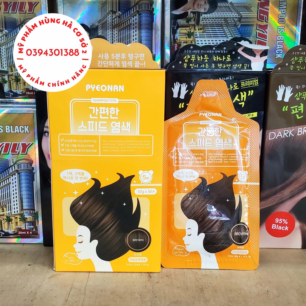 Gội khô, nhuộm tóc, phủ bạc, thảo dược, màu nâu socola Hàn Quốc Pyeonan 15g