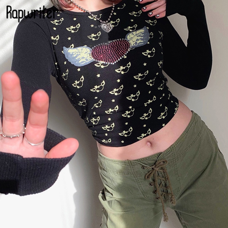 Hn Áo Thun Tay Dài Họa Tiết Trái Tim Đính Đá Thời Trang Cho Nữ