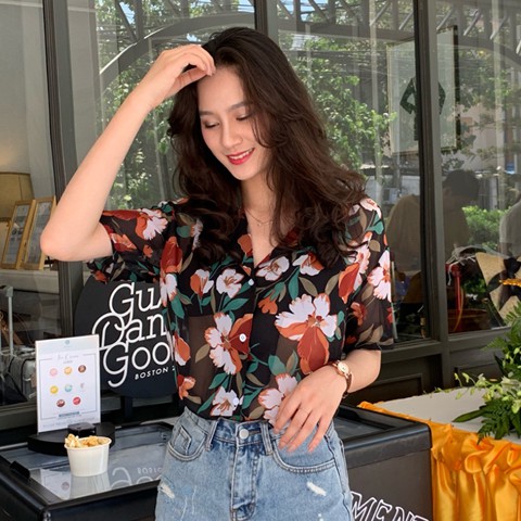 Áo sơ mi GENAISHA tay ngắn cổ chữ V họa tiết hoa thời trang duyên dáng cho nữ