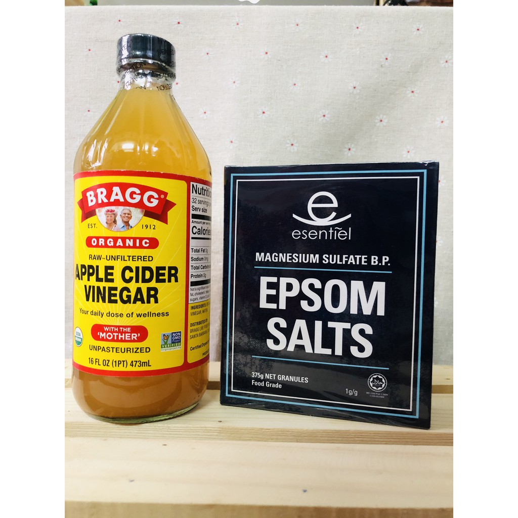 Combo giấm táo hữu cơ Bragg và muối Epsom Salt, giúp tẩy tế bào chết, giảm mụn, giảm vết thâm, detox cơ thể
