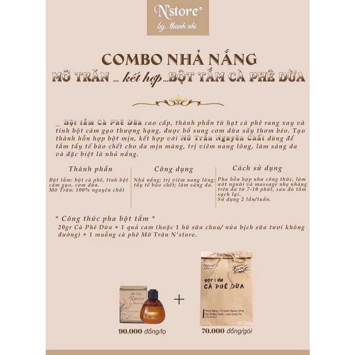 [Chính Hãng] Tinh bột cám gạo cafe dừa non Nstore by Thanh Nhi - Bột tắm trắng, tẩy da chết, giảm viêm nang lông | BigBuy360 - bigbuy360.vn