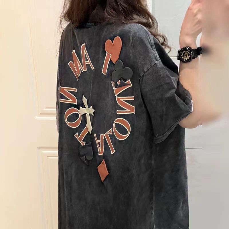 Áo Thun 100% Cotton Tay Ngắn Dáng Rộng In Hình Lá Bài Tây Giặt Được Thời Trang Retro Cho Nữ