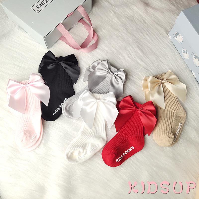 KIDSUP-Kids Cotton Socks, Baby Anti-Slip Medium Tube Socks with Bowknot for Spring Autumn