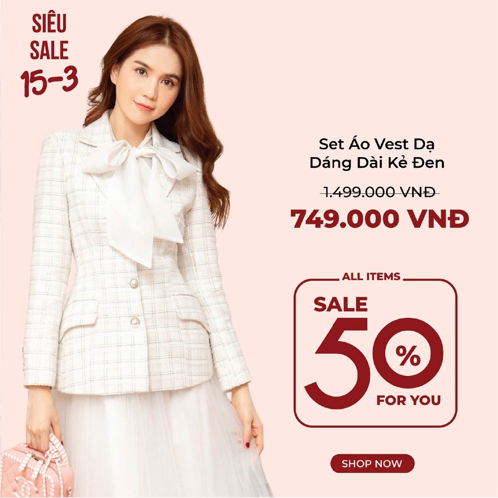 Áo vest dạ dáng dài trắng kẻ đen VENUS SECRET